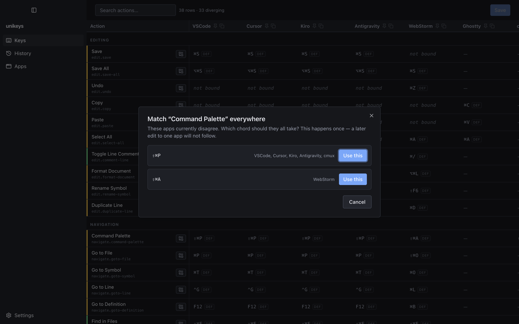 The Match dialog for Command Palette, offering ⇧⌘P used by VSCode, Cursor, Kiro, Antigravity and cmux, or ⇧⌘A used by WebStorm.