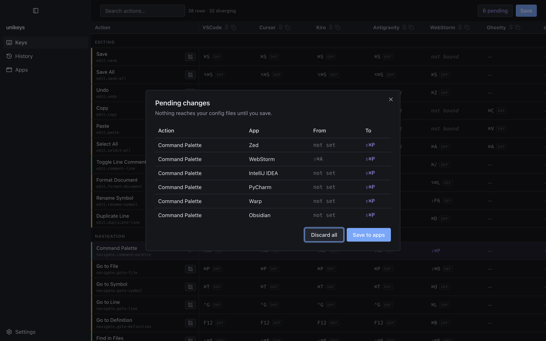 The Pending changes dialog listing six Command Palette changes across Zed, WebStorm, IntelliJ IDEA, PyCharm, Warp and Obsidian, with Discard all and Save to apps.