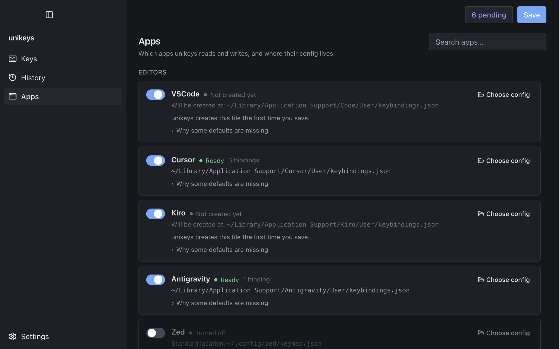 The Apps panel showing VSCode, Cursor, Kiro, Antigravity and Zed with toggles, config file paths and a per-app status.