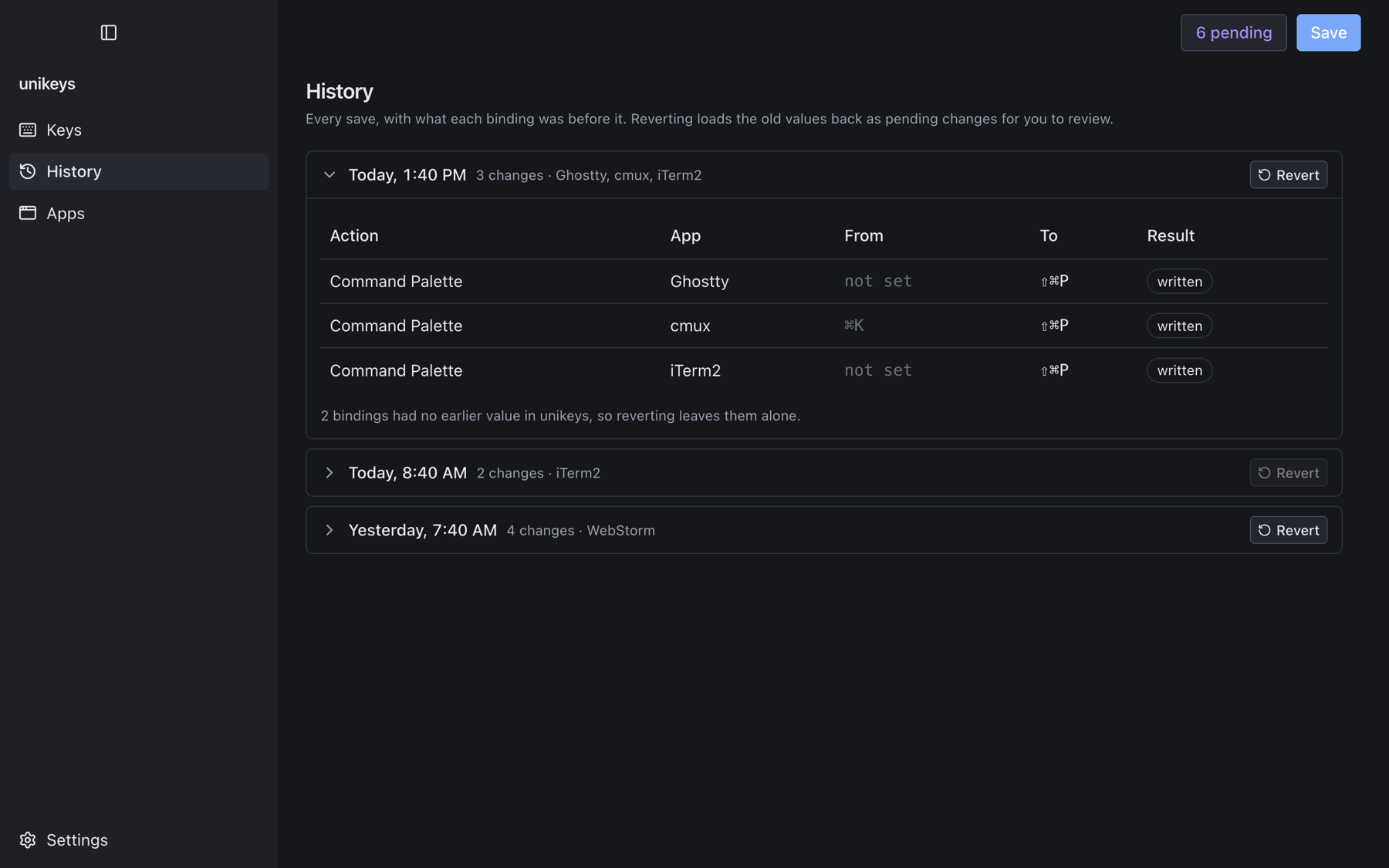 The History panel: a save from today with three Command Palette changes across Ghostty, cmux and iTerm2, each marked written, with a Revert button.
